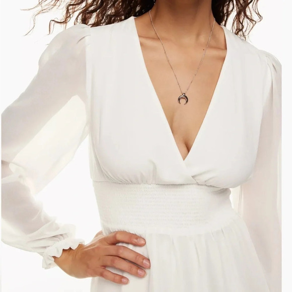 Aritzia Wilfred Wistful Dress Size S Light Birch Chiffon Mini Dress with v-neck - Picture 5 of 15